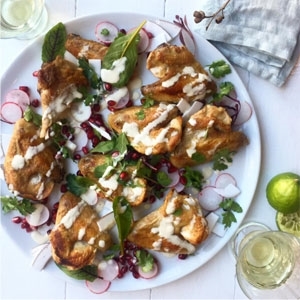 Grilled Tahini Chicken Wings with Pomegranate, Coriander and Coconut Salad